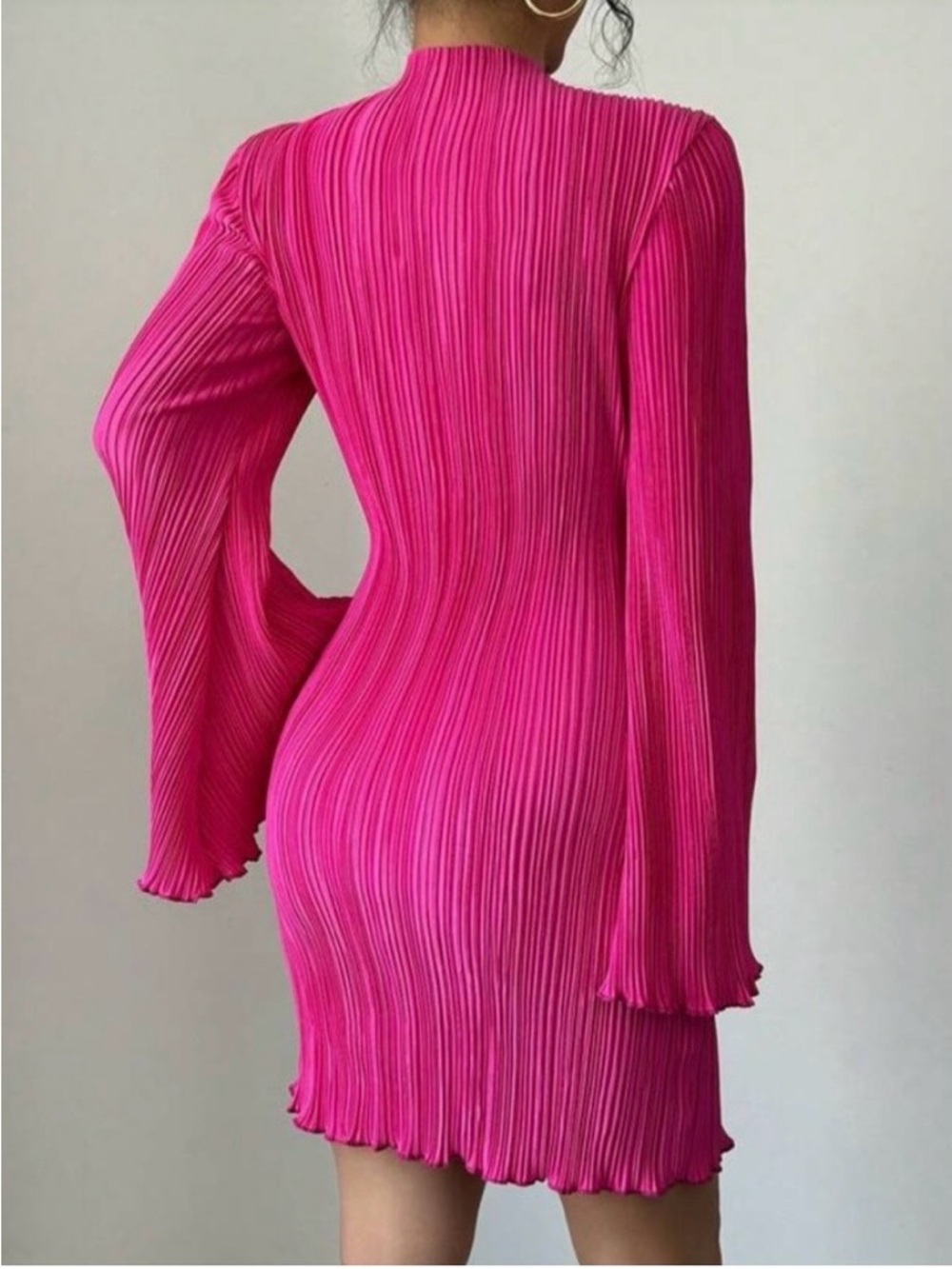 Pleated Bell-Sleeve Midi Dress in Vibrant Pink - Picture 2 of 2